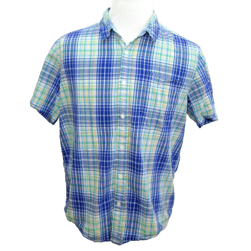 AEROPOSTALE Men's (Size Large) Blue Plaid Short Sleeve Button Front Shirt Cotton